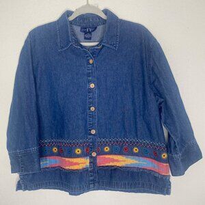 Vintage TY Wear Denim Button-Up Jacket Womens XL Embroidered Aztec Western
